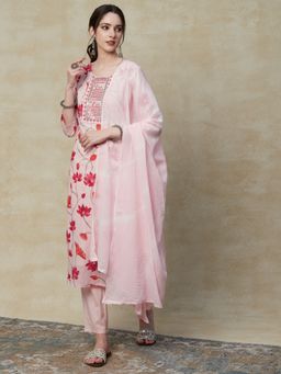 FASHOR - Embroidered Kurta with Pants & Dupatta - Pink (Set of 3)