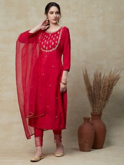 FASHOR - Gotapatti Kurta with Pants & Dupatta - Maroon (Set of 3)