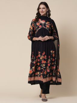FASHOR - Printed Kurta with Pants & Dupatta - Black (Set of 3)
