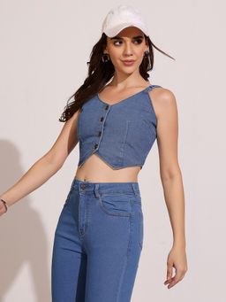 DOLCE CRUDO - Women Blue Shoulder Straps Waistcoat-Styled Cropped Denim Top