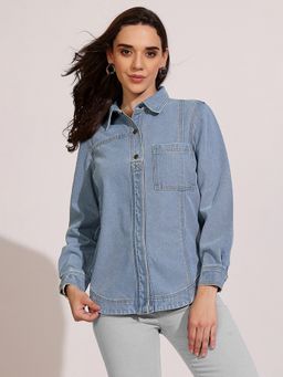 DOLCE CRUDO - Women Light Blue Full Sleeves Denim Shirt
