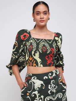 Cover Story - Women Green Printed Cropped Crop Top
