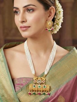 LUCKY JEWELLERY - Women Multi-Color Gold-Tone Temple Pearl Jewellery Set