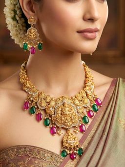 LUCKY JEWELLERY - Women Multi-Color Gold-Tone Antique Temple Bridal Jewellery Set