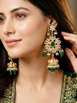LUCKY JEWELLERY - Women Green Gold Plated Navratan Jhumka Earrings