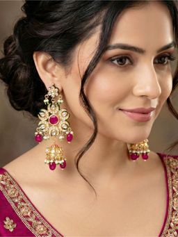 LUCKY JEWELLERY - Women Pink Gold Plated Navratan Jhumka Earrings