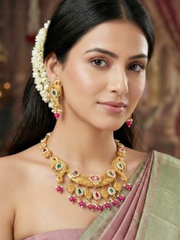 LUCKY JEWELLERY - Women Multi-Color Antique Gold-Tone Peacock Temple Jewellery Set