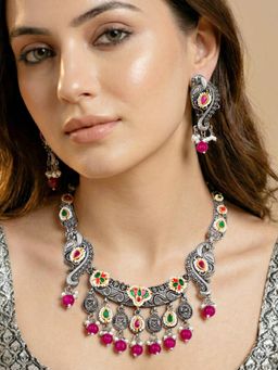 LUCKY JEWELLERY - Women Multi-Color Antique Silver-Tone Peacock Temple Jewellery Set