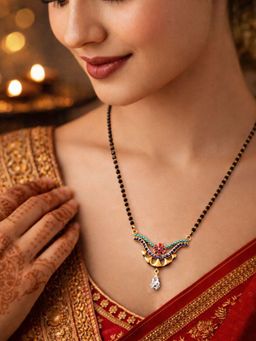 Digital Dress Room - Women Multi-Color Gold Pendant Stones & Black Beads Mangalsutra