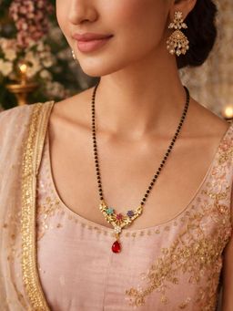 Digital Dress Room - Women Multi-Color Gold Black Beads Floral Mangalsutra