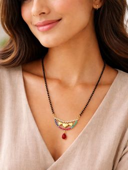 Digital Dress Room - Women Multi-Color Gold Heart Pendant With Red Drop Mangalsutra