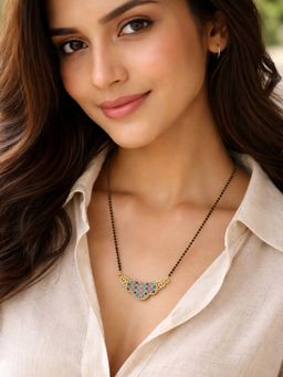 Digital Dress Room - Women Gold Black Beads Multi-Color Stone Pendant Mangalsutra