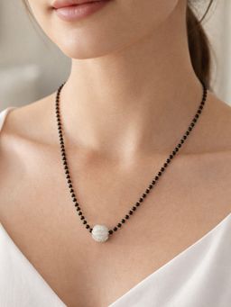 Digital Dress Room - Women White Silver Round Ball Black Beads With Stones Mangalsutra