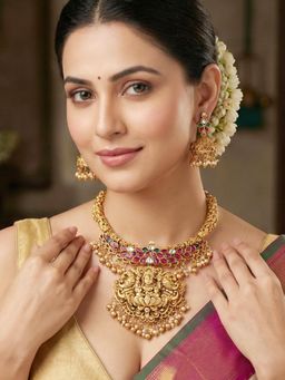LUCKY JEWELLERY - Women Multi-Color Gold Plated Temple Jewellery Set