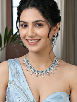 LUCKY JEWELLERY - Women Silver Ferozi Blue Ad Jewellery Set