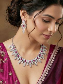 LUCKY JEWELLERY - Women Silver Ruby Pink Ad Jewellery Set