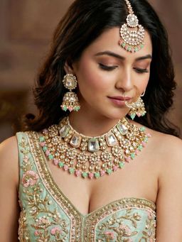 LUCKY JEWELLERY - Women Multi-Color 18Kt Gold Plated Pink Mint Kundan Jewellery Set