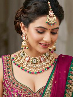 LUCKY JEWELLERY - Women Multi-Color 18Kt Gold Plated Magenta Green Kundan Jewellery Set