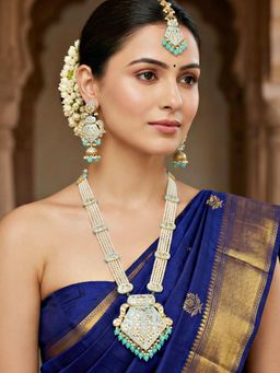 LUCKY JEWELLERY - Women Traditional Turquoise Blue Kundan & Pearl Long Jewellery Set