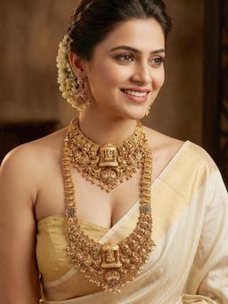 LUCKY JEWELLERY - Women Multi-Color Antique Gold Plated South Indian Temple Jewellery Layered Set