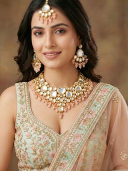 LUCKY JEWELLERY - Women Peach 18Kt Gold Plated Kundan Jewellery Set