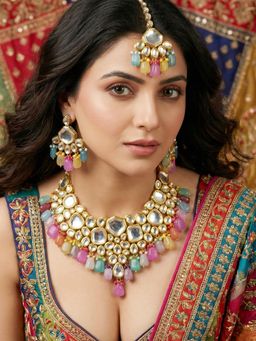 LUCKY JEWELLERY - Women Multi-Color 18Kt Gold Plated Kundan Jewellery Set