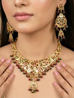LUCKY JEWELLERY - Women Multi-Color Gold Plated Navratan Bridal Jewellery Set