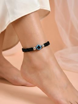 ADIVA - Women Thread Blue Evil Eye Beaded Silver-Toned Adjustable Anklet