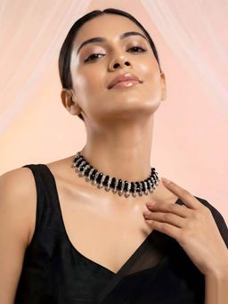 ADIVA - Women Oxidised Silver-Toned Black Beaded Textured Drop Necklace