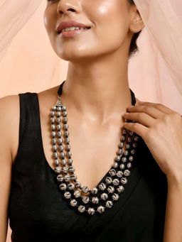 ADIVA - Women Oxidised Silver-Toned Textured Beaded Multi-Layered Necklace