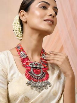 ADIVA - Women Red Oxidised Silver-Toned Fabric Base Tribal Traditional Necklace