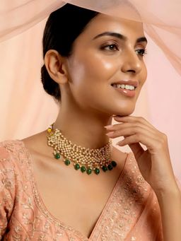 ADIVA - Women Gold-Plated Pearl Beaded Green Stone Embellished Necklace