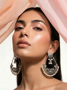 ADIVA - Women White Oxidised Silver-Toned Peacock Motif Chandbali Earrings