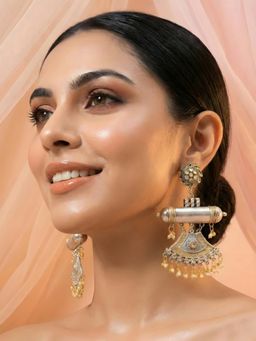 ADIVA - Women Silver Oxidised Fan Shaped Pearl Drop Earrings