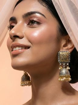 ADIVA - Women Oxidised Gold & Silver-Toned Square Shaped Pearl Jhumka Earrings