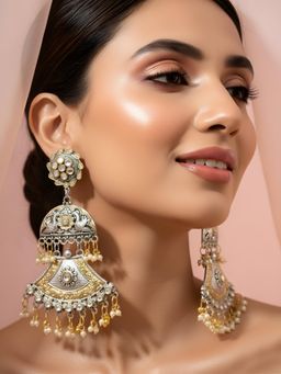 ADIVA - Women Silver Oxidised Peacock Shaped Stone & Pearl Beaded Drop Earrings