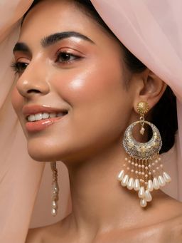 ADIVA - Women White Oxidised Gold & Silver-Toned Floral Motif Chandbali Earrings