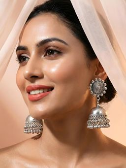 ADIVA - Women Oxidised Silver-Toned Traditional Dome Drop Jhumka Earrings
