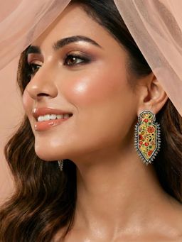 ADIVA - Women Yellow Oxidised Silver-Toned Floral Printed Long Drop Earrings