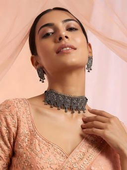 ADIVA - Women Oxidised Silver-Toned Geometric Design Necklace & Earrings