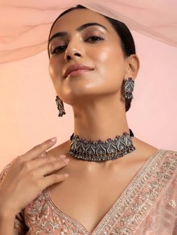 ADIVA - Women Pink Oxidised Silver-Toned Stone-Studded Peacock Motif Necklace & Earrings