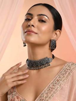 ADIVA - Women Oxidised Silver-Toned Black Stone Studded Necklace & Earrings
