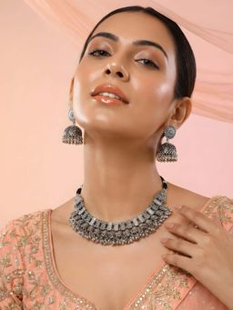 ADIVA - Women Oxidised Silver-Toned Temple Design Necklace & Earrings