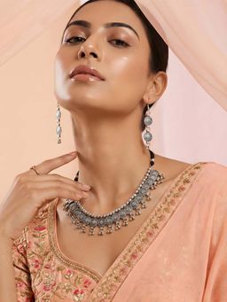 ADIVA - Women Oxidised Silver-Toned Textured Drop Design Necklace & Earrings