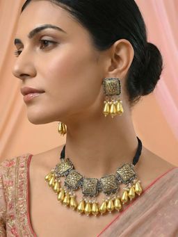 ADIVA - Women Gold-Toned & Oxidised Silver Floral Necklace & Earrings