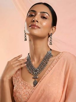 ADIVA - Women Oxidised Silver-Toned Textured Layered Jewellery Set