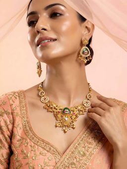 ADIVA - Women Multi-Color Gold-Plated Temple Design Green Stone Beaded Jewellery Set