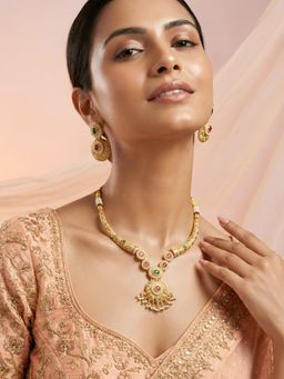 ADIVA - Women Multi-Color Gold-Plated Ruby Stone Pearl Embellished Statement Jewellery Set