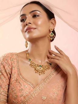 ADIVA - Women Multi-Color Gold-Plated Green & Ruby Stone Peacock Motif Pearl Jewellery Set