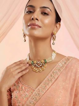 ADIVA - Women Gold-Plated Kundan & Pearl Multi-Color Traditional Necklace & Earrings